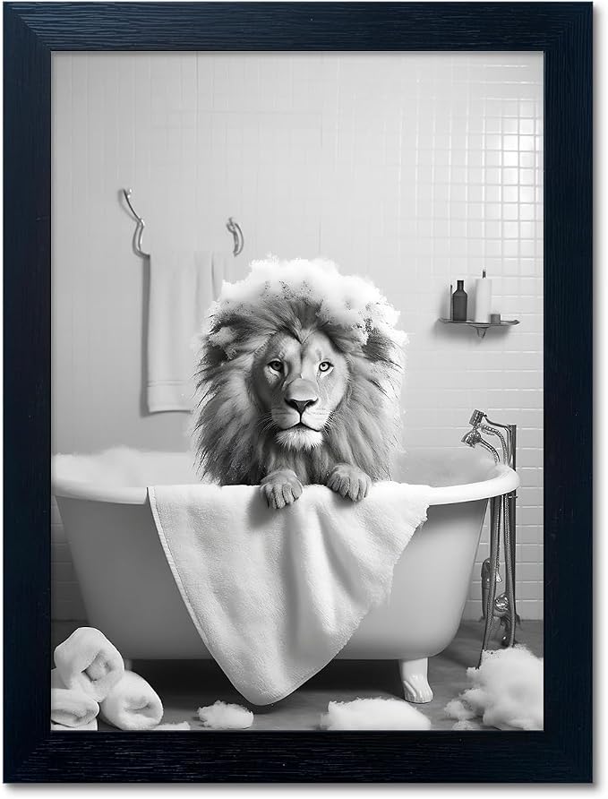 Framed Black and White Animal Bathroom Wall Art Funny Lion in tub Bathroom Pictures Wall Decor Bathtub Print Paintings