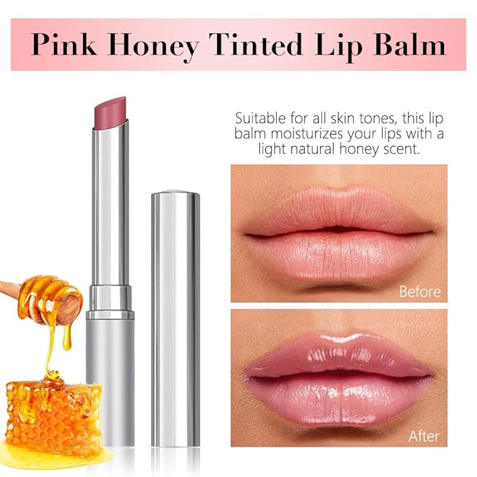 2Pcs Pink Honey Tinted Lip Stain Lip Balm Lip Gloss Lipstick, Sheer Hydrating Lip Stains Tint, Moisturizing Lip Color for All Skin Tones, Nourishing Lip Balm with a Hint of Natural Black Cherry Tint