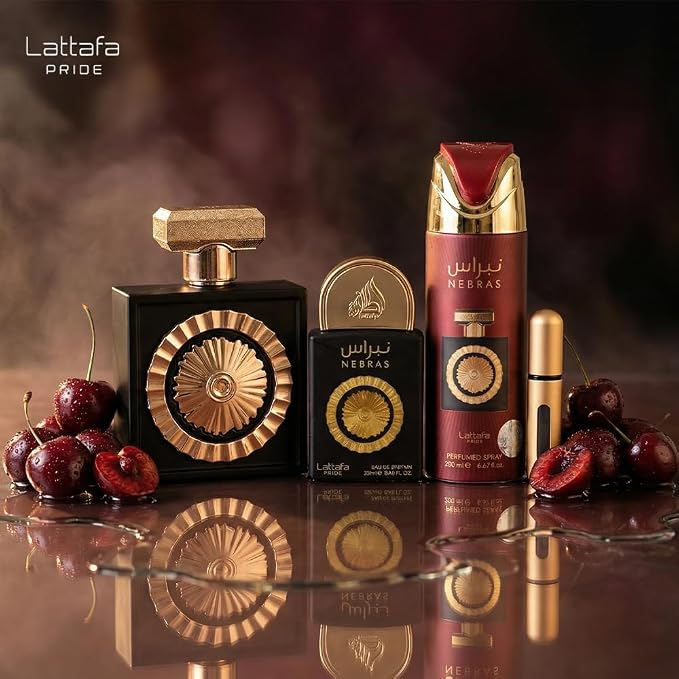Lattafa Pride Nebras – Fruity, Sweet, Vanilla, Amber – 3-Piece Gift Set for Unisex (3.4 Ounce Eau de Parfum Spray + 0.65 Ounce Eau de Parfum Spray + 6.67 Ounce Deodorant Spray)