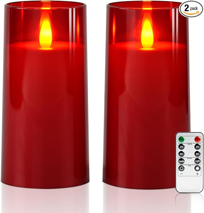 Raycare Flameless Electronic Pillar Candles with Remote Control and Timer- Battery Operated Realistic Flickering LED Fake Candle for Home, Wedding, Valentine's Day Decor, Red,Set of 2(3"x6"6")