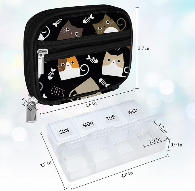 Serfeymi Weekly Travel Pill Organizer Pill Case for Purse with Removable 7 Day Pill Box, Fashionable Travel Medicine Organizer Pill Container for Medicine, Vitamin, Supplement - Black 03 + Pill Box