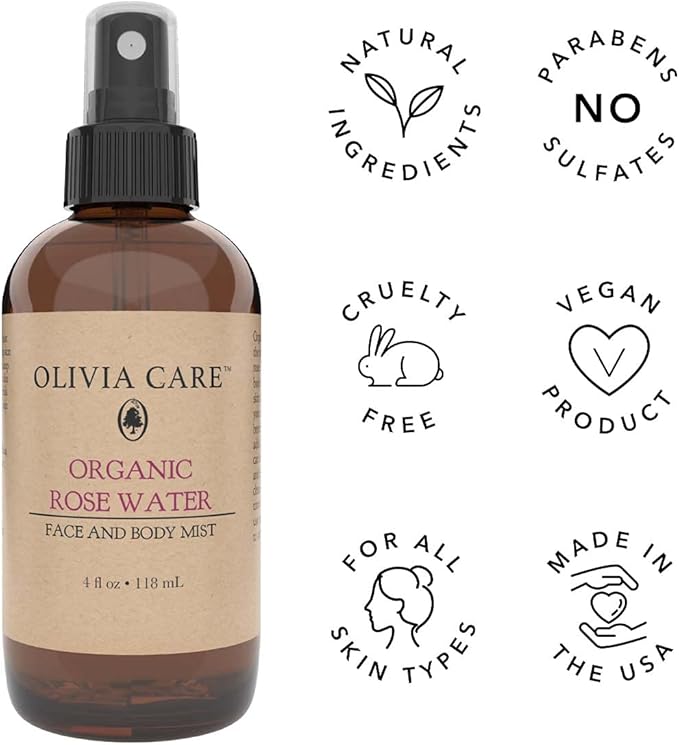 OLIVIA CARE Organic Rose Water Mist Refreshing Spray for Face & Body by Olivia Care - 100% Natural & Vegan. Hydrating & Moisturizing, Fresh Rose Scent 4 OZ
