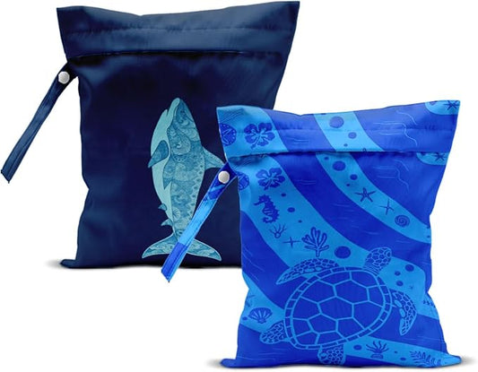 ZHAMEN 2Pcs Wet Bag, Wet Dry Bag Reusable with Zipper, Travel, Beach, Pool, Diapers, Dirty Yoga Gym Clothes, Makeup Bag, Waterproof Wetdry Packing, Whale Turtle Decore (12x10 Inch)