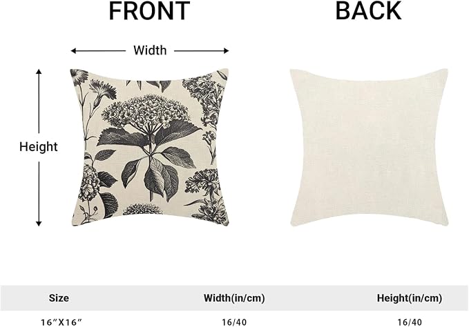 Floral Pillow Covers 16x16 Set of 2 Vintage Black Hydrangea Herbs Botanical Throw Pillow Cover Outdoor Decoration Boho Flower Pillowcase Farmhouse Decorative Linen Cushion Case for Couch Sofa