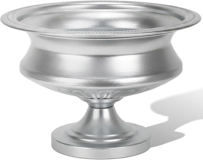 Worth 8" H. Silver Color Urn Vase for Centerpieces, 11.8" Dia. Metal Trumpet Small Flower Pots for Table, Bowl Vase for Wedding Party Event Home Decor, Smooth, Non-Aged Finish