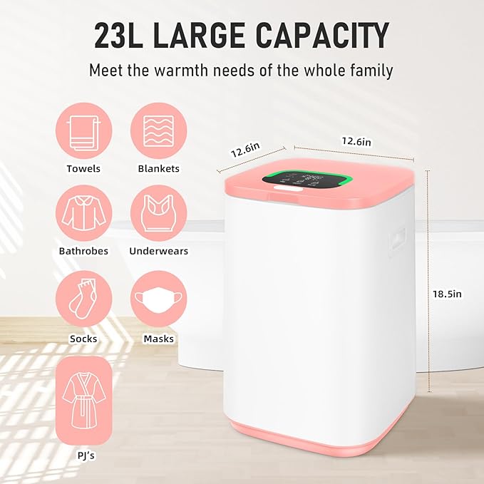 Towel Warmer for Bathroom, 23L Large Towel Warmers, Heated Towel Warmer Bucket with LED Display, 3 Heating Modes, 20/40/60 Min, Auto Shut Off, Child Lock, for Spa, Pink