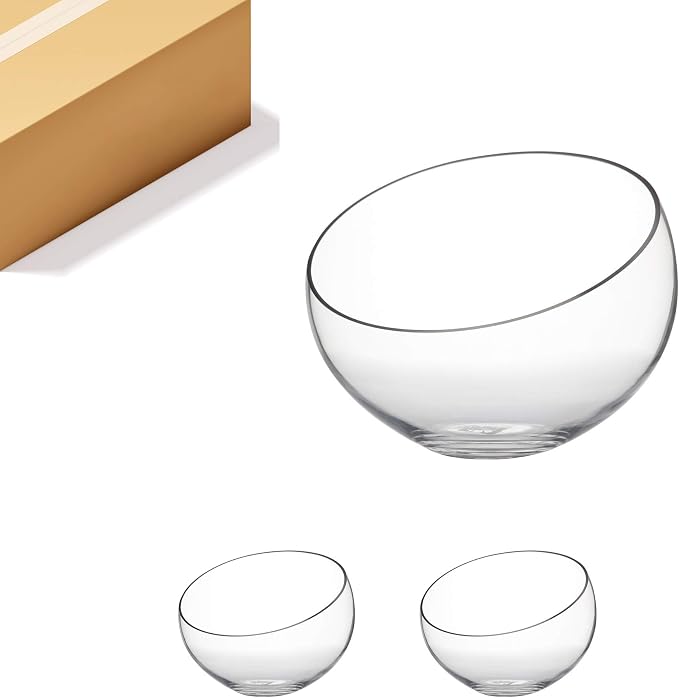 WGV Slant Cut Bowl Glass Vase Bulk, Width 11", Height 9.5", Clear Terrarium, Candy Dish, Fruit Jar, Floral Container for Wedding Party Event, Home Office Decor, 2 Pieces