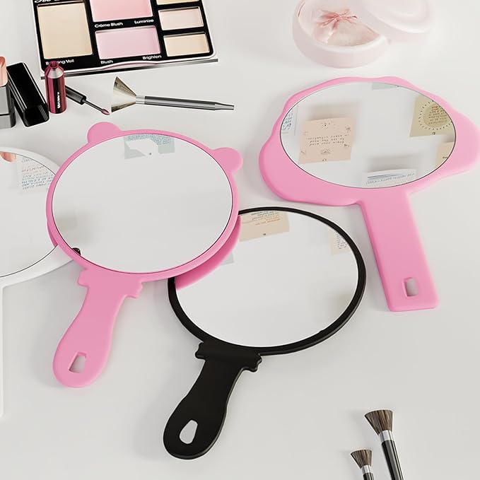 PDOZV Hand Mirror, 2 Pcs Big + Small Compact Hand Mirrors with Handle, Salon Hairdressing Bathroom Barber & Makeup, Travel, Pocket-Sized Mirror, Hanging, Handheld Mirror (Pink, 7.09" Lx 9.06" W)