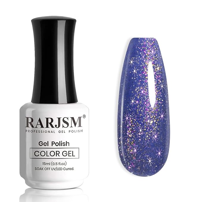 RARJSM Glitter Gel Nail Polish Bluish Purple Chunky Iridescent Rainbow Sparkle Holographic Small Flakes Shimmer Diamond Gel Polish Single Bottle Soak off UV LED Cured for Home Salon Manicure 15ML