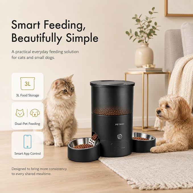 3L Cat Treat Dispenser with Dual Stainless Steel Cat Bowls - Quiet Automatic Cat Feeder for 2 Cats with App Control, 2 Way Audio, Dual Power Options, Self-Feeding Cat Food Dispenser - Black