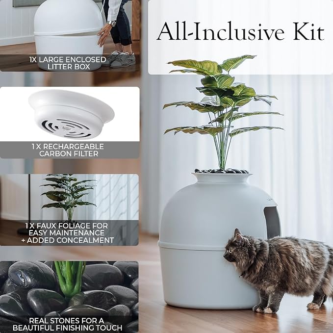 Secret Litter Box by Bundle & Bliss - Hidden Litter Box Enclosure, Patented Design with Odor Control, Includes Faux Plant, Carbon Filter and Real Stones (Soft Grey)