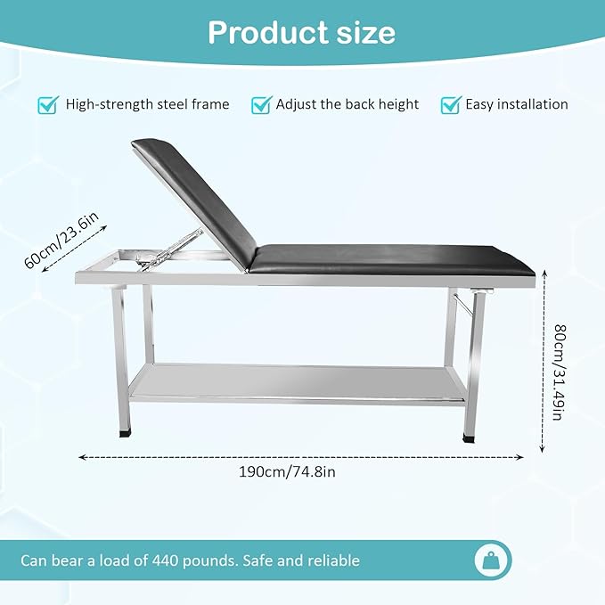 Adjustable Exam Table，Doctor Bed with Folding Legs is Stable and Durable，Folding Medical Exam Table Holds 500 lbs for Clinical Examination 、Massage 、Spa Beds、Beauty