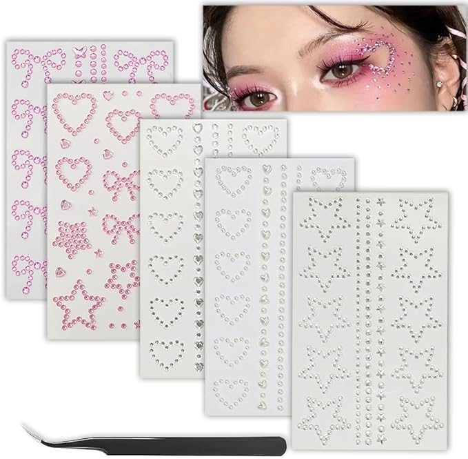 Self Adhesive Face Gems Pearls for Makeup,3D Heart Star Moon Shape Jewels Face Rhinestone Sticker for Face, Eye, Makeup, Nail, Body, Craft