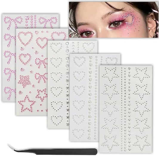 Self Adhesive Face Gems Pearls for Makeup,3D Heart Star Moon Shape Jewels Face Rhinestone Sticker for Face, Eye, Makeup, Nail, Body, Craft