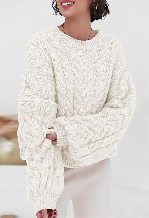 PRETTYGARDEN Womens Sweaters Spring 2026 Cable Knit Long Sleeve Crewneck Oversized Sweater Chunky Pullover Loose Outfits