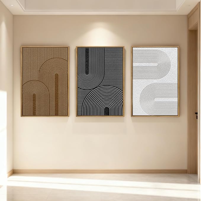 Extra Large Abstract Modern Wall Art Framed Dark Wall Painting Neutral Print Decor for Living Room Bedroom 24x36 Inches Set of 3