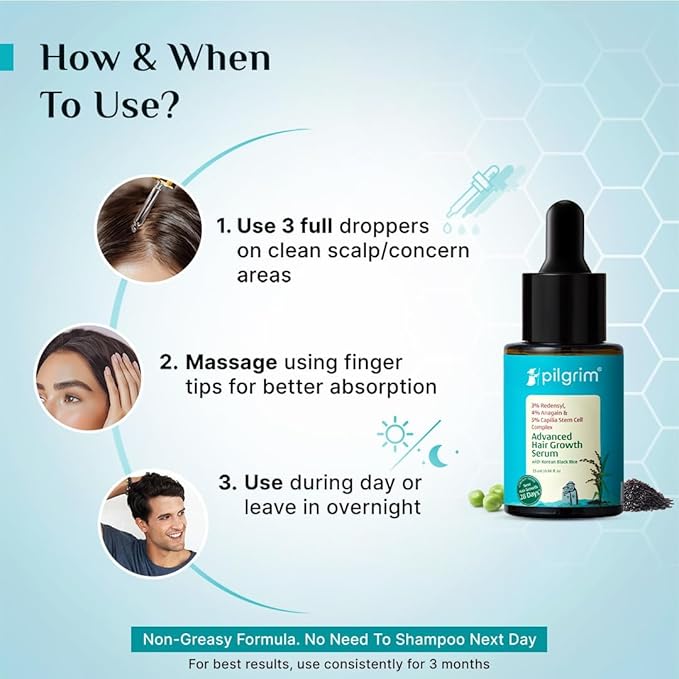 Pilgrim Hair Growth Serum for Thinning Hair | 3% Redensyl, 4% Anagain & 5% Capilia Stem Cell | Strengthens, Nourishes & Revitalizes Hair | Korean Black Rice | 0.85 Fl Oz (25ml)