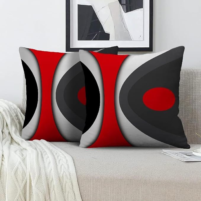 Modern Art Geometric Pillow Cover, Decorative Throw Pillow Covers Black Red Abstract Artwork Cushion Cover for Bedroom Sofa Living Room 24 x 24 Inch Set of 2
