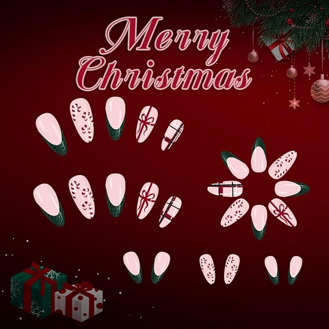 Christmas Press on Nails Candy Cane Fake Nails Short Almond False Nail with Bow Design Nude Glue on Nails Glossy Full Cover Artificial Acrylic French Tip Stick on Nail for Women Xmas Manicure 24Pcs