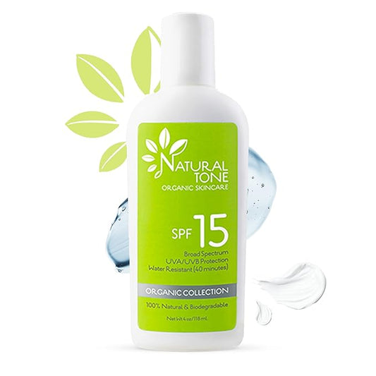 SPF15 Broad Spectrum Natural Sunscreen, Soothing & Hydrating Sunscreen Lotion, Plant-Based Sun Block, Water-Resistant Sun Screen Protector for Face and Body, 4oz - Natural Tone Organic Skincare