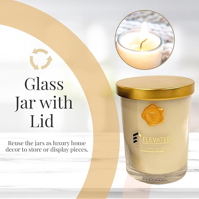 Elevated Scent[d] for Success Vanilla Sandalwood Candle | Long Lasting Candles for Aromatherapy | 9.1oz Large Candle Jar with Up to 70 Hours Burn Time