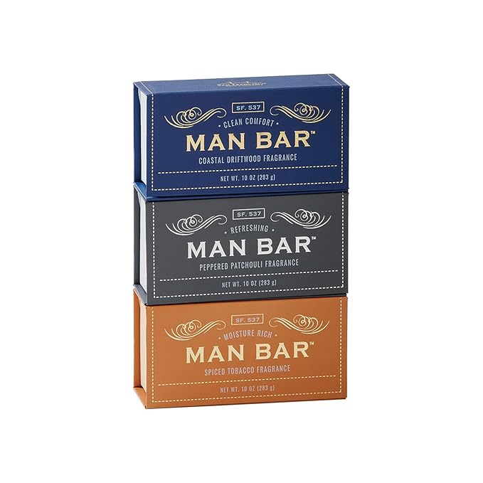 San Francisco Soap Company Man Bar 3-Piece Gift Set featuring all new scents: Coastal Driftwood, Peppered Patchouli, and Spiced Tobacco - GREAT GIFT - No Harmful Chemicals - Good for All Skin Types