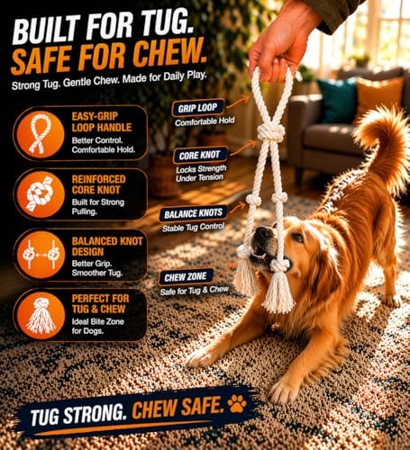 Dog Rope Toy 2 Pack, 18 in Heavy Duty Cotton Tug Toy for Medium Large Dogs, Interactive Tug of War & Chew Rope, Natural Undyed, Teeth Cleaning