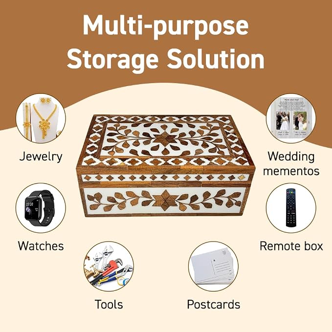 Perilla Home Home Decor Decorative Storage Wooden Box Small Floral Organizer Tool Stash Card Craft Treasure Trinket Memory Keepsake Jewelry Box for Men and Women, Gifts For All, Brown and Off White