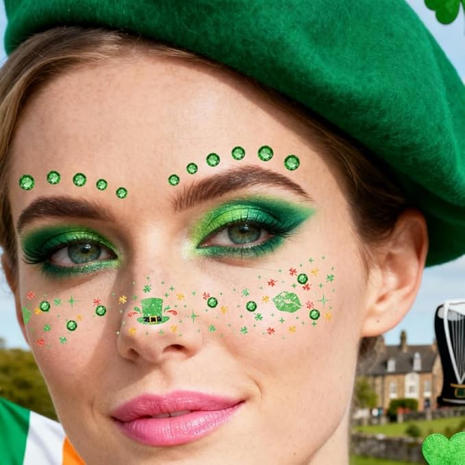 St Patricks Day Temporary Tattoos Green Leaf Blush Face Tattoos Lucky Clover Shamrock Fake Tattoos Cute Bow Star Freckles Face Tattoo Waterproof Makeup Stickers with Green Gems for Girls 12 Sheets