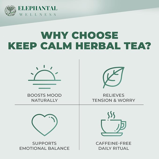 Elephantal Wellness Keep Calm Herbal Tea | Stress Relief & Mood Support with Ashwagandha, Lemon Balm, Chamomile, Valerian & St. John’s Wort | Handmade, Caffeine-Free Loose Leaf Blend | 2oz, 20 Servings