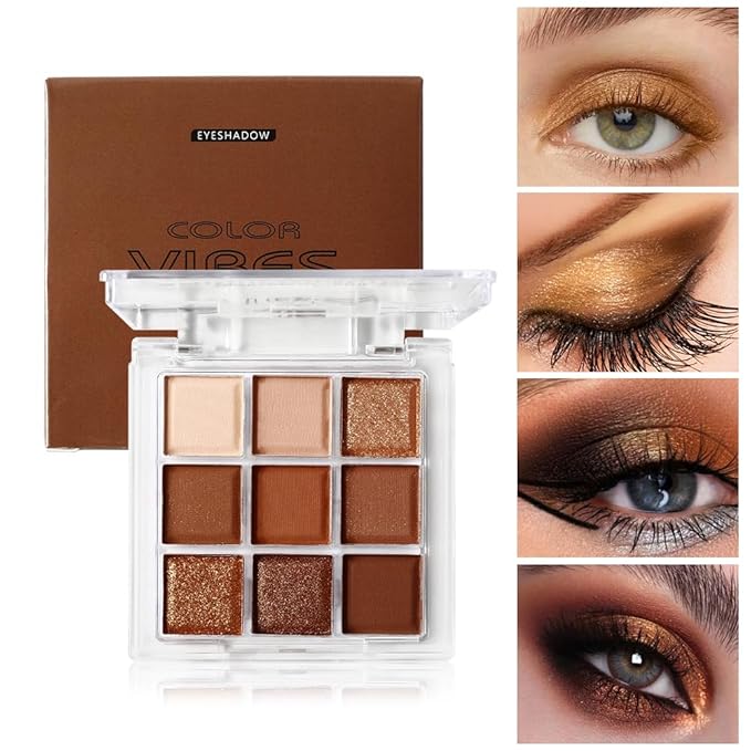 URQT Golden Caramel Eyeshadow Palette – 9 Warm Bronze & Nude Brown Shades with Matte & Metallic Finishes, High Pigment Blendable Palette for Natural to Glam Looks