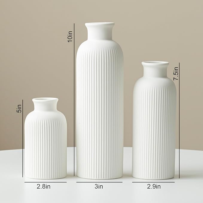 Modern Ceramic Vase Set, White Ribbed Matte Design, 3-Piece Decorative Vases for Home, Living Room, Office (White)
