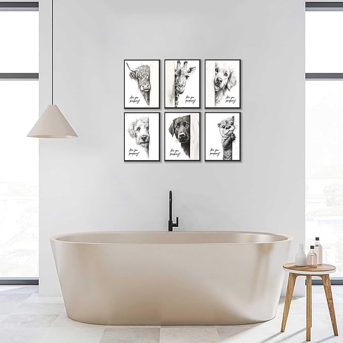 Funny Bathroom Wall Art Set of 6 Black and White Bathroom Posters Unframed | Premium Canvas Prints, Cute Animal Wall Decor, Retro Funny Toilet Art Prints for Wall Decoration, 8x10Inch