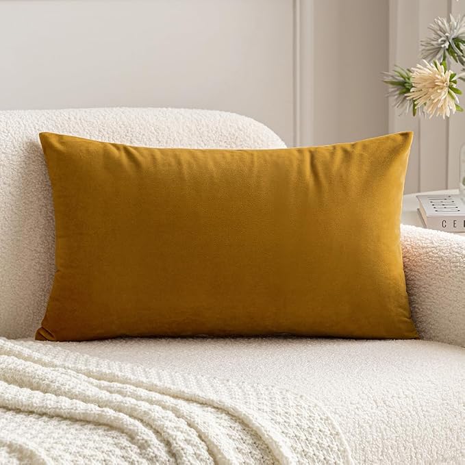 MIULEE 12x20 Inch Lumbar Velvet Throw Pillow Cover Set of 1 Mustard Yellow | Soft Luxury Decorative Throw Pillow Cover, Single Rectangle Cushion Case, Home Decor for Chair Couch Sofa Bedroom Car Bed
