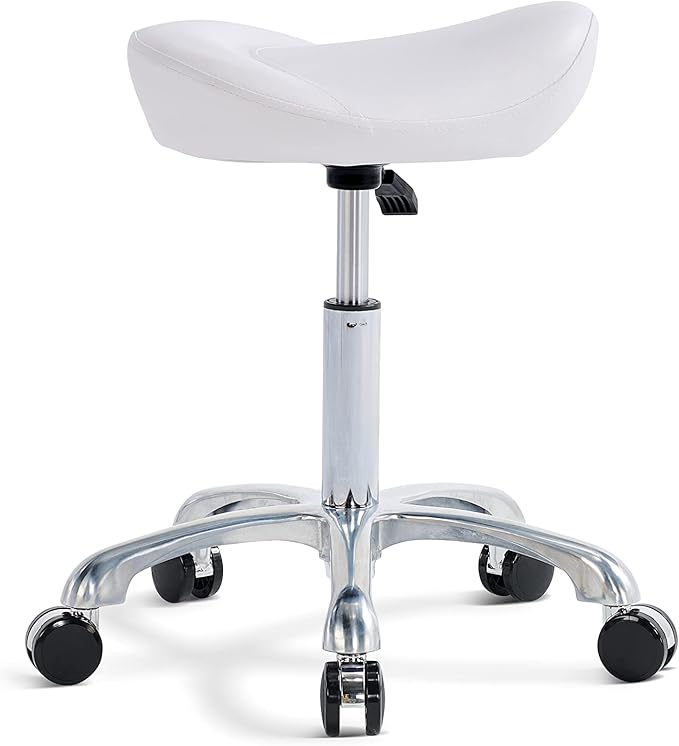 Saddle Stool Rolling Swivel Height Adjustable with Wheels. Saddle Chair Salon, Spa, Tattoo, Pedicure, Massage -Esthetician Chair(White)