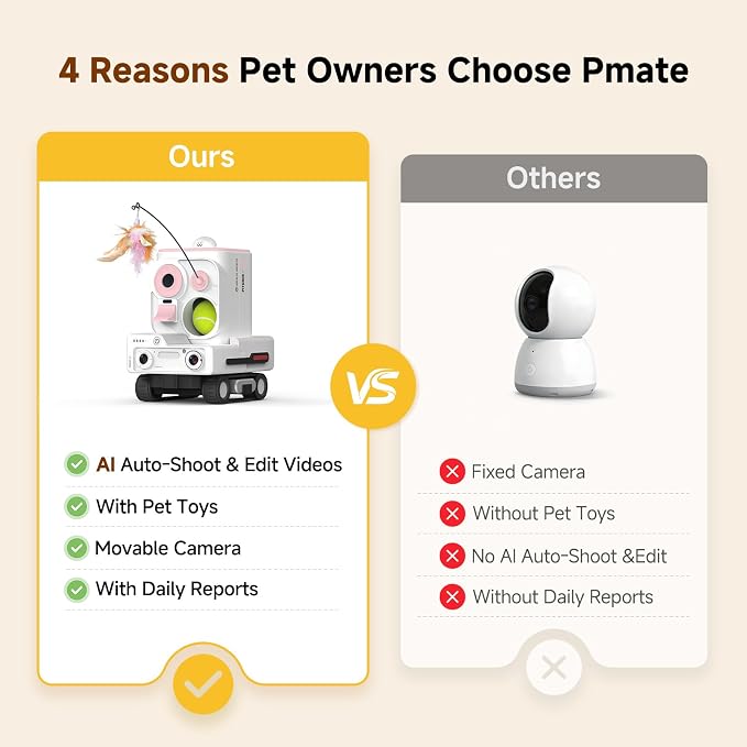 PMATE Self-Moving Pets Camera AI-Powered Rover with Auto Tracking & Patrol, 2K Live View, Night Vision, 2-Way Talk, and Auto-Recharge (Pink)