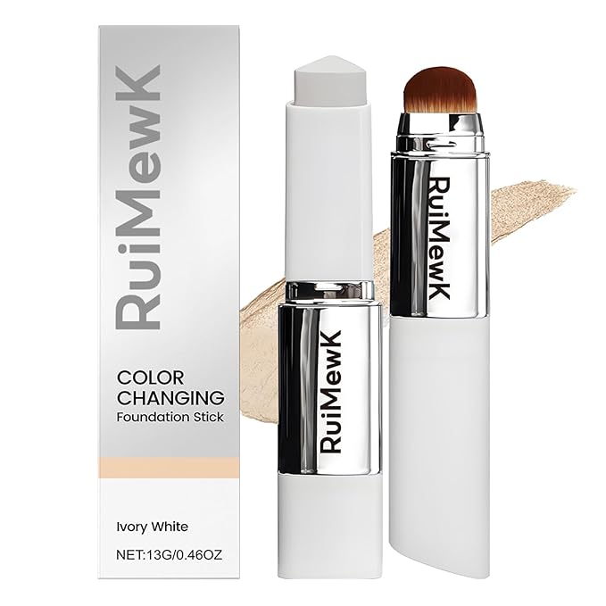 Color Changing Foundation Stick, Medium to Full Coverage Cream Stick Hydrating Makeup, Dual-Ended with Soft Brush for Flawless Look, Portable & Travel-Friendly (Ivory White)