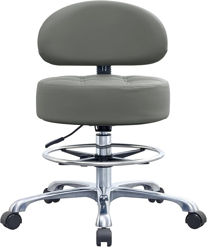 Height Adjustable Rolling Shop Stool with Back Support - Kitchen Stool with Wheels Heavy Duty for Salon, Spa, Massage, Tattoo, Esthetician - Extra Thick for Extreme Comfort