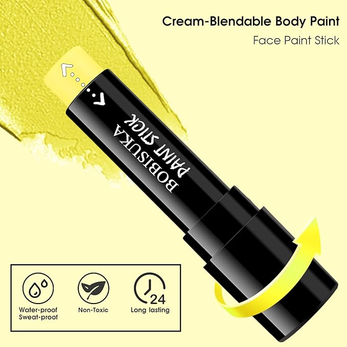 BOBISUKA Yellow Face Paint Stick, Full Coverage Face Painting for Adults Children – Sweatproof Waterproof Body Paint for Halloween Cosplay SFX – Ideal for Tiger, Sun, Clown, Lightning Designs