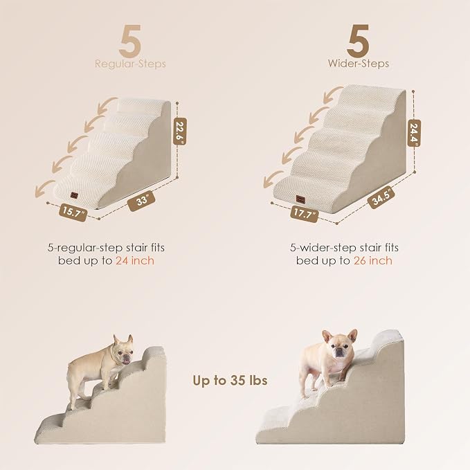 EHEYCIGA Curved Dog Stairs Ramp, 5-Step Extra Wide High Beds, Pet Step | 33D density of pure foam, for Small Dogs and Cats, Pet Stairs for High Bed Climbing, Non-Slip Balanced Indoor, Beige