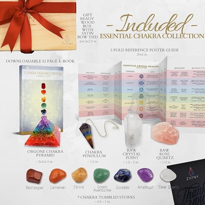 Crystals and Healing Stones Premium Kit Wooden Box - Chakra Stones Healing Crystals Set, Rose Quartz, Amethyst Cluster, Quartz Points, Chakra Pendulum (Aa Essential Chakra Pyramid Collection)