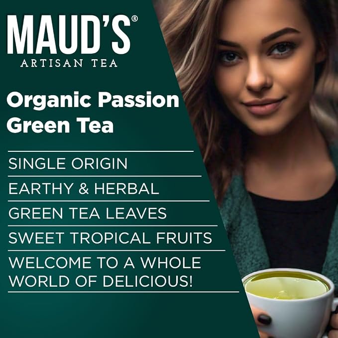 Maud's Organic Passion Green Tea Pods, 24 ct, Single Serve Tea Pods – 100% Gourmet Blended Tea Leaves, Compatible with Keurig K Cups Maker