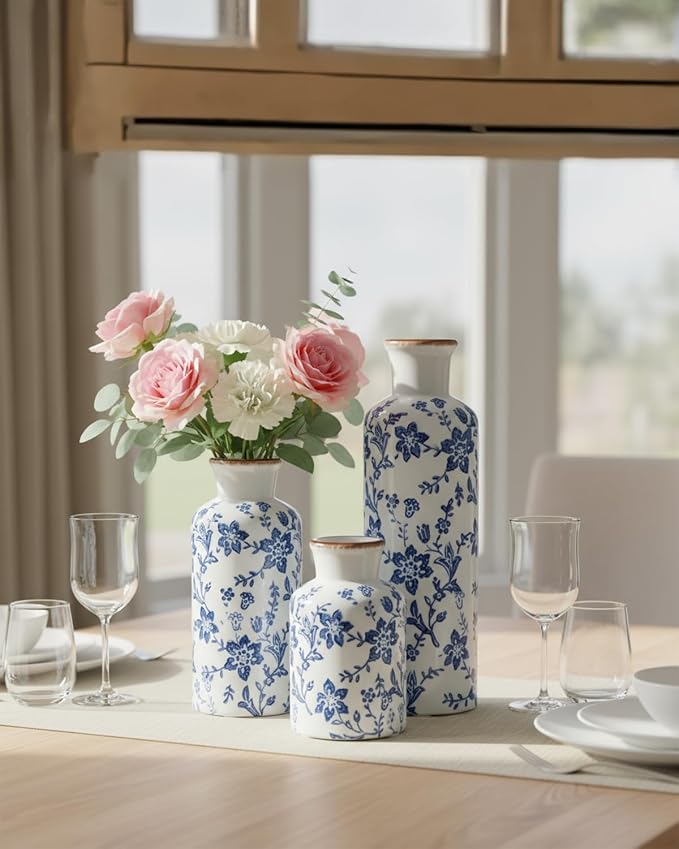 Blue and White Ceramic Vase Set of 3, Vintage Floral Vases for Home Decor | Crackle glaze and distressed rims for living room, mantel and table centerpieces