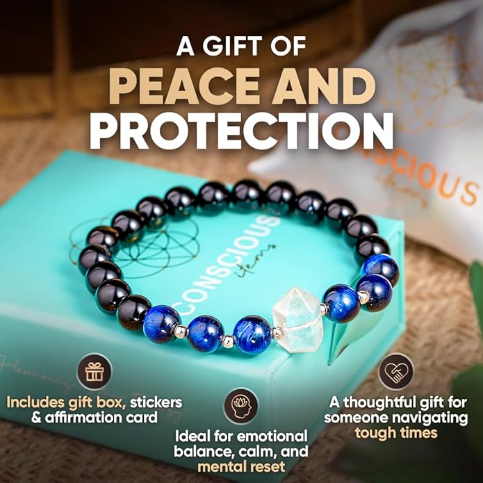 Conscious Items Protection Bracelets for Women & Men, Healing Crystal Bracelet with Natural Stones for Energy Shielding, Grounding, Stress, & Negative Energy Protection