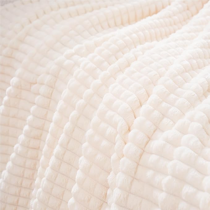 Puncuntex Fleece Blanket Cream White 90"×90" with Square Grid Design | Super Soft Plush Cozy Flannel Throw Blanket Luxury for Couch Sofa Chair