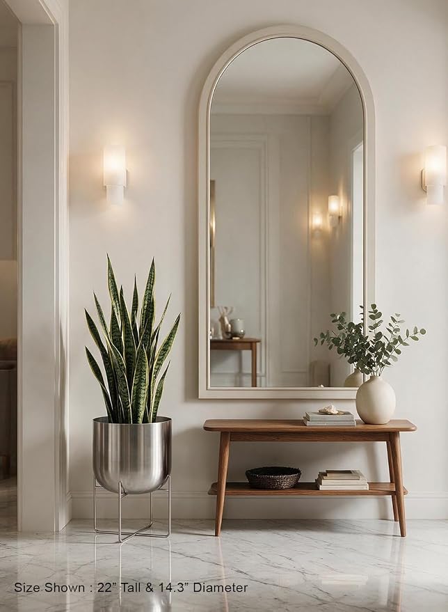 Serene Spaces Living Gold Planter with Detachable Metal Stand, Decorative Indoor Planter Pot, Flower Pots Stand for Living Room, Kitchen, Office, in 3 Sizes (Silver - Wide)