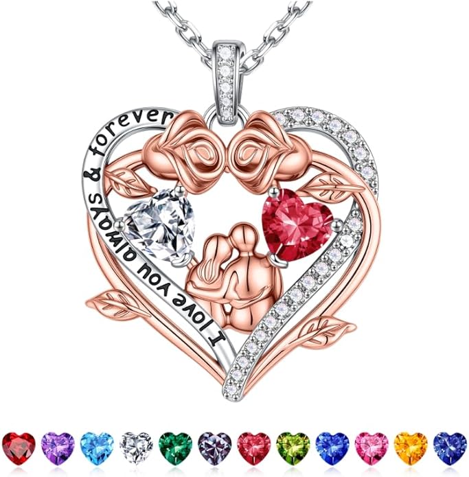 Iefil Valentines Gifts for Her Wife - 925 Sterling Silver Double Heart Birthstone Necklace, Anniversary Birthday Gifts for Women Wife Girlfriend