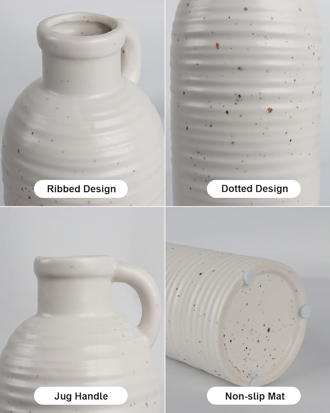 White Polka Dot Vase Set of 3, Ribbed Jugs with Handles for Home Decor | Ceramic finish for rustic farmhouse tables, shelves, mantels and flower displays