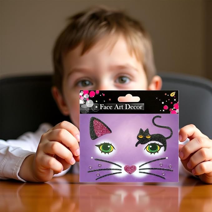 Cat Glitter Face Tattoo Stickers for Kids - - Temporary Body Art Makeup for Halloween, Cosplay, Birthday Party, Festival -Waterproof Fake Tattoo Stickers - 2Pcs (Animal Design)