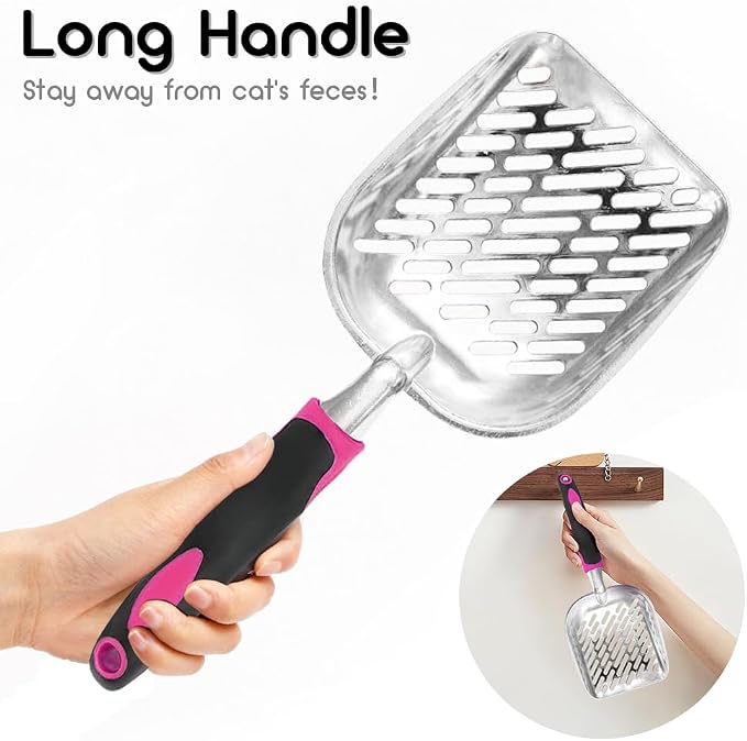 Cat Litter Scoop-Metal Cat Scooper-Long Handle Scoop,Cat Scooper-Poop Sifting-Mesh Shovel-Suitable for Cat Litter Box, (Rose Red)-Christmas